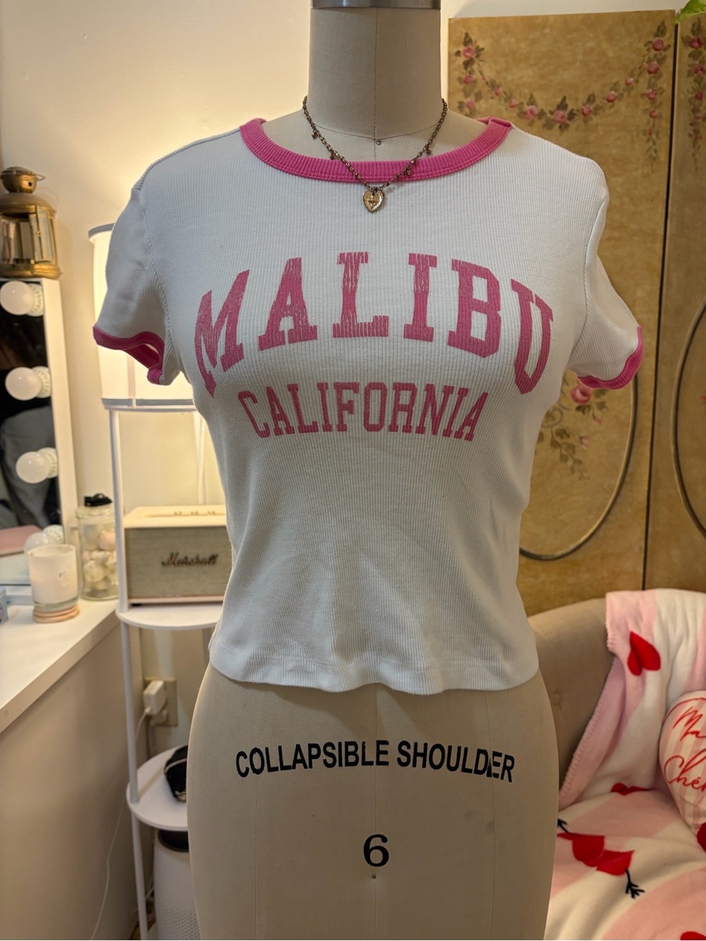 Social Culture White Ribbed Tee with Pink Ringer